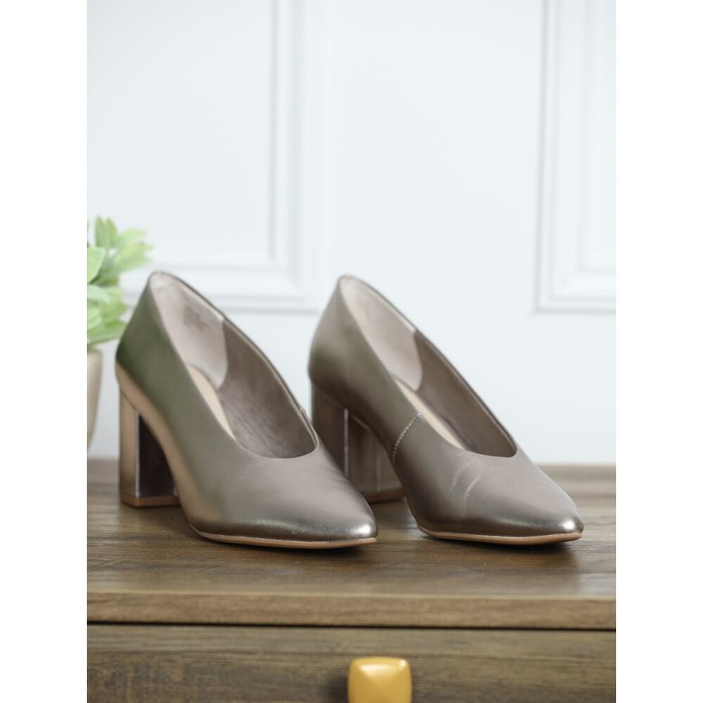 Seychelles Metallic Leather Block Heel Pumps 6.5 Pewter Silver Pointed Toe $149